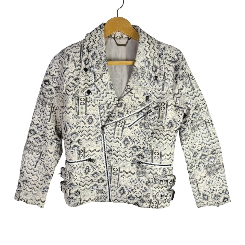 Capulet Womens Geometric Jacquard Moto Jacket Cream Black Metallic Large